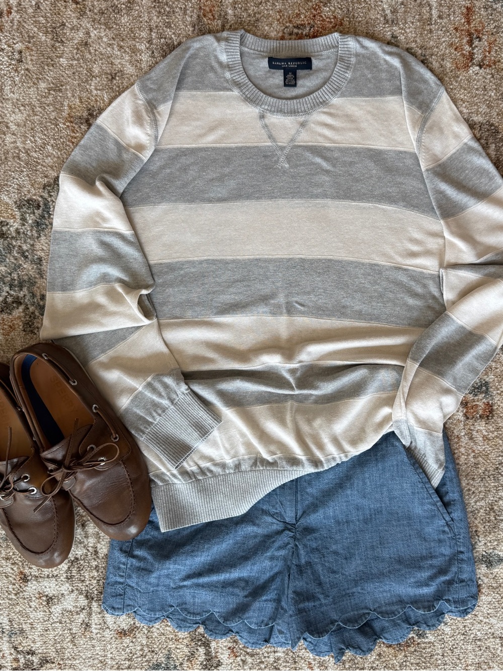 Banana Republic Gray & Cream Striped Crewneck Sweater, silk and linen